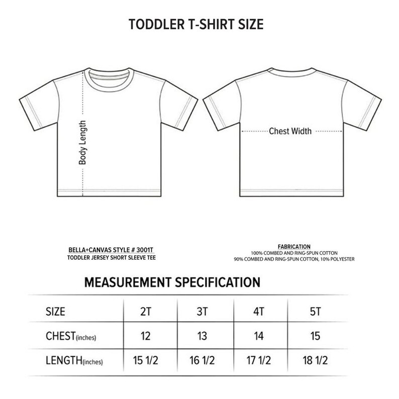 以下が含まれることがあります： 幼児用Tシャツのサイズチャートで、2T、3T、4T、5Tのサイズに対応する胸囲と着丈の寸法をインチで示しています。チャートには「幼児用Tシャツサイズ」と、生地の構成「100%梳き綿リングスパン」と「90%梳き綿リングスパン、10%ポリエステル」が記載されています。