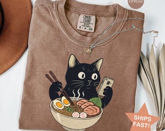 Comfort Colors® Cat Ramen T-shirt, Cat Eating Ramen Funny Shirt, Graphic Tee for Cat Lovers, Vintage Kitty Top, Cool Casual Cat Print Shirt
