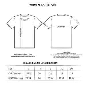 以下が含まれることがあります： 胸囲と着丈の寸法がインチで示された、女性用Tシャツのサイズ表。サイズ表には、S、M、L、XL、2XLのサイズが含まれています。