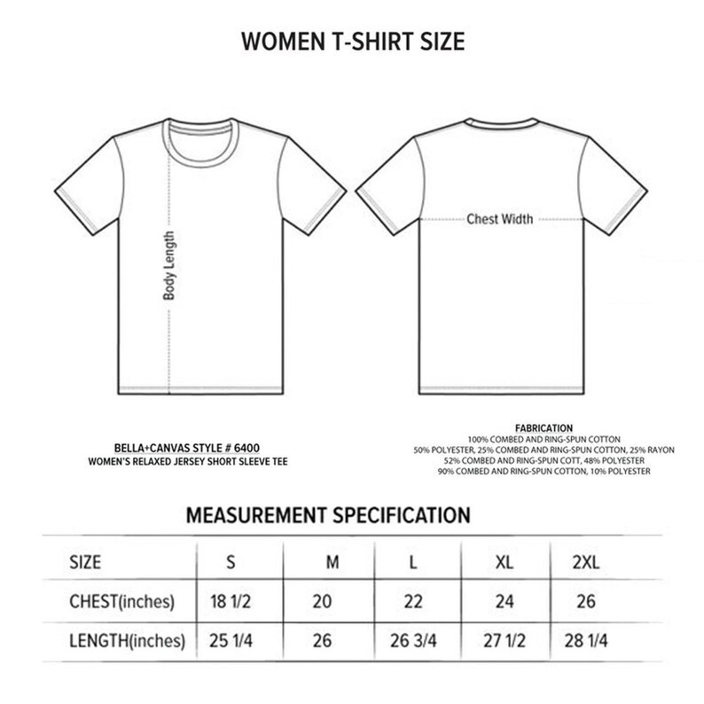 以下が含まれることがあります： 胸囲と着丈の寸法がインチで示された、女性用Tシャツのサイズ表。サイズ表には、S、M、L、XL、2XLのサイズが含まれています。