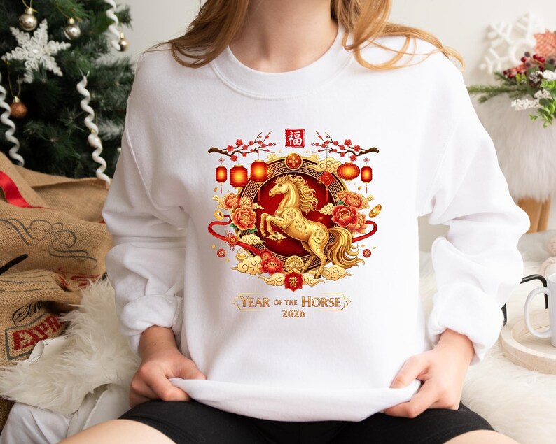 May include: White sweatshirt featuring a golden horse design within a circular frame. The design includes red and gold accents, lanterns, and the text "Year of the Horse 2020". The sweatshirt is a crew neck style.