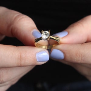 Dainty Brass Solitaire Ring: CZ Engagement, Promise, Wedding