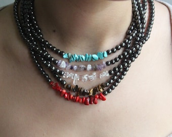 Hematite Beaded Choker Necklace with Gemstone Detail