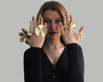 Gold Plated Brass Statement Ring: Adjustable Boho Chunky Ring