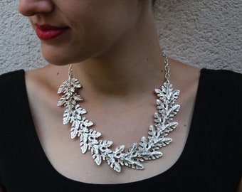 Silver statement Necklace , Silver leaf necklace,Brushed silver necklace Large silver necklace, Bohemian Chunky Bib Necklace, Ethnic Jewelry