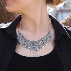 Silver Plated Statement Necklace: Chunky Boho Costume Jewelry