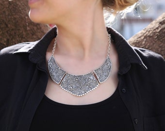 Silver Plated Statement Necklace: Chunky Boho Costume Jewelry