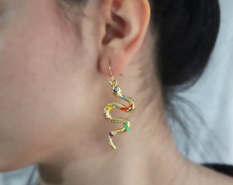 Gold Snake Earrings, Colorful Snake Drop Earrings, Serpent Earrings, Dainty Snake Earrings, Textured Snake Earrings, Statement gold Earrings