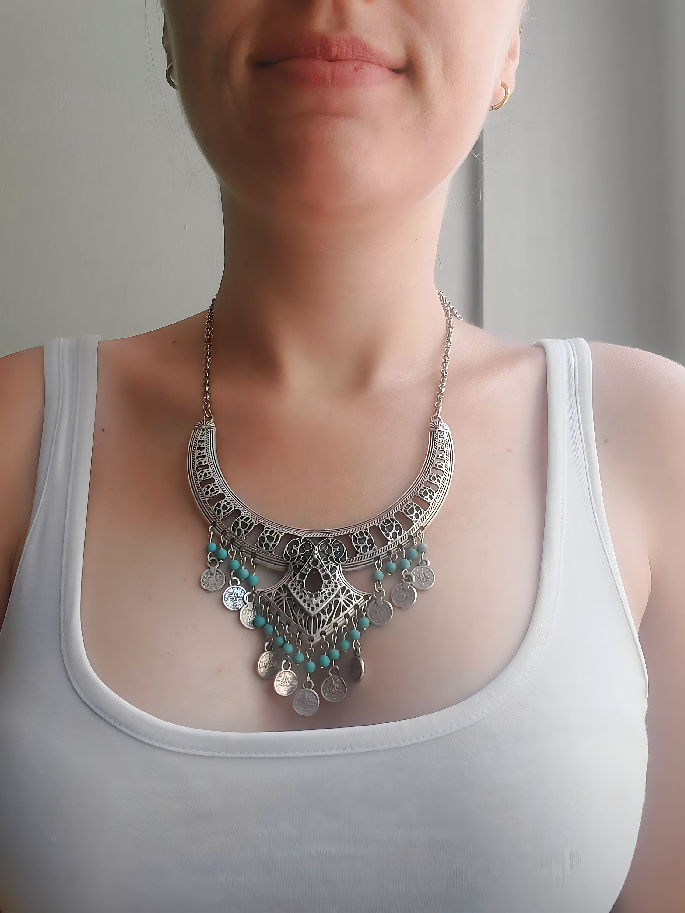 Collana Etnica Bohémien Con Fiore Turchese E Ciondolo A Ferro Di Cavallo – Gioiello Art Déco Oxidato Per Donne, Stile Bollywood