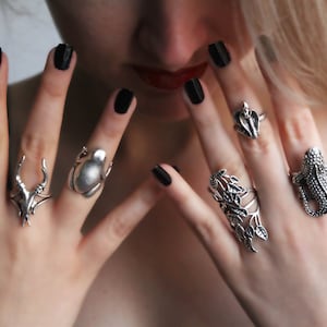 Könnte beinhalten: Eine Frauenhand trägt fünf silberne Ringe. Die Ringe zeigen verschiedene Designs, darunter ein Hirsch, ein Frosch, ein Eidechse, eine Rebe und ein Herz. Die Ringe sitzen alle an verschiedenen Fingern.