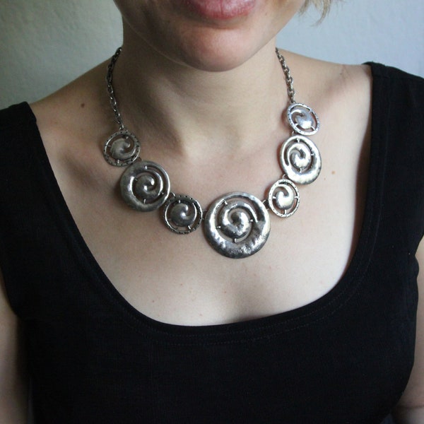 Silver statement Necklace,Silver circle necklace, Brushed silver necklace Large silver necklace,Bohemian Chunky Bib Necklace, Ethnic Jewelry