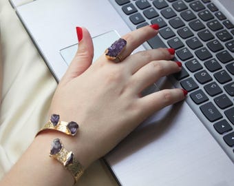 Gold Raw Amethyst Ring & Bracelet: Adjustable Gemstone Jewelry Set