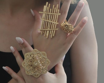 Adjustable Gold Statement Ring: Asymmetric Boho Brass Ring