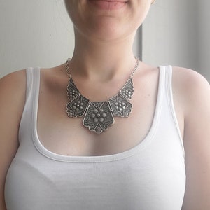Bohemian Silver Plated Statement Necklace: Chunky Abstract Jewelry
