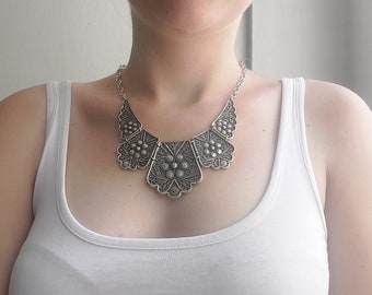 Bohemian Silver Plated Statement Necklace: Chunky Abstract Jewelry