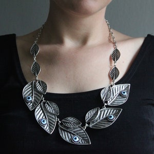 Silver Leaf Evil Eye Statement Necklace: Bohemian Bib Jewelry