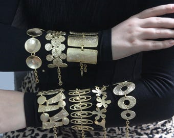 Gold Plated Chunky Statement Bracelet: Geometric Hippie Bangle Cuff