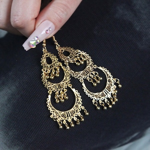 Gold-Plated Filigree Dangle Earrings: African-Inspired Statement Jewelry