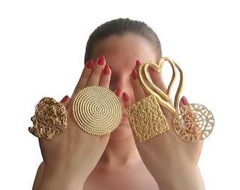 Einstellbar Gold Statement Ring: Großer Boho Messing Ring