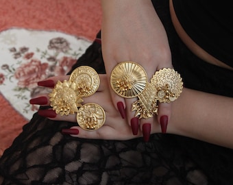Gold Plated Dangle Charm Ring : Adjustable Large Statement with Dangle Charms