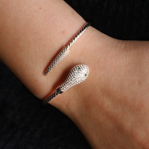 Gold Snake Cuff Bracelet: Brass Bangle with Green Zirconia Eyes