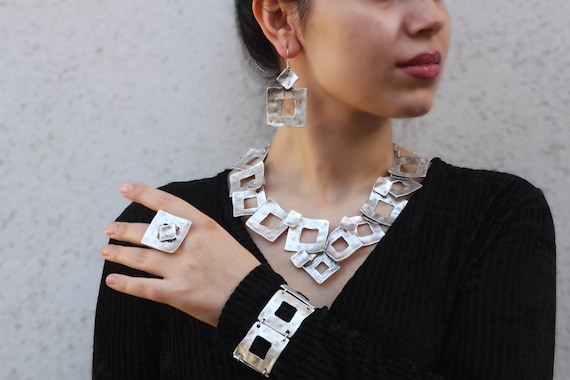 Bohemian Silver Plated Jewelry Set: Square Statement Necklace, Earrings, Ring, Bracelet