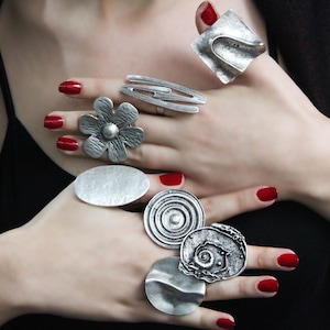 Boho Silver Plated Big Rings: Adjustable Chunky Hippie Jewelry