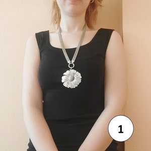 Long Silver Flower Pendant Necklace: Chunky Chain Statement Jewelry