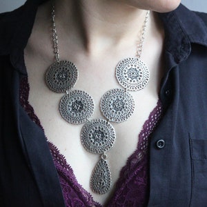 Silver Bib Statement Necklace: Bohemian Ethnic Alloy Jewelry