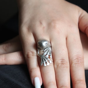 Könnte beinhalten: Ein silberner Froschring mit detaillierten Flügeln. Der Ring wird an einem Finger mit weißem Nagellack getragen.
