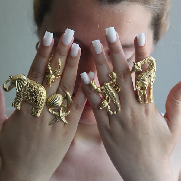 Gold Elephant Ring, Gold Deer Skull Ring, Giraffe Ring, Scorpion ring, Dolphin Ring, Sea Ring, Sea Shell Ring, Big Animal Ring,