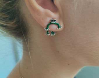 Double Sided Frog Stud Earrings: Silver Plated Jewelry