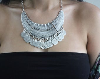 Silver Plated Bib Necklace: Chunky Boho Statement Jewelry