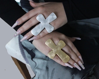 Gold Cross Statement Ring: Adjustable Religious Jewelry