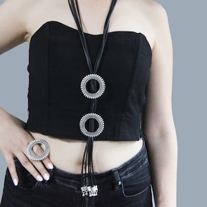 Oxidized Silver Circle Ring and Leather Y Necklace Set