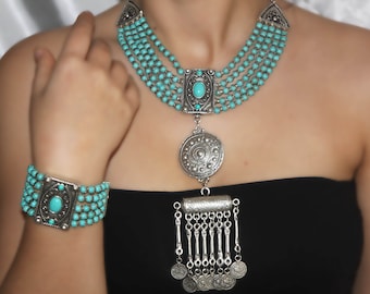 Boho Turquoise Bib Necklace: Antique Silver Plated, Ethnic Style