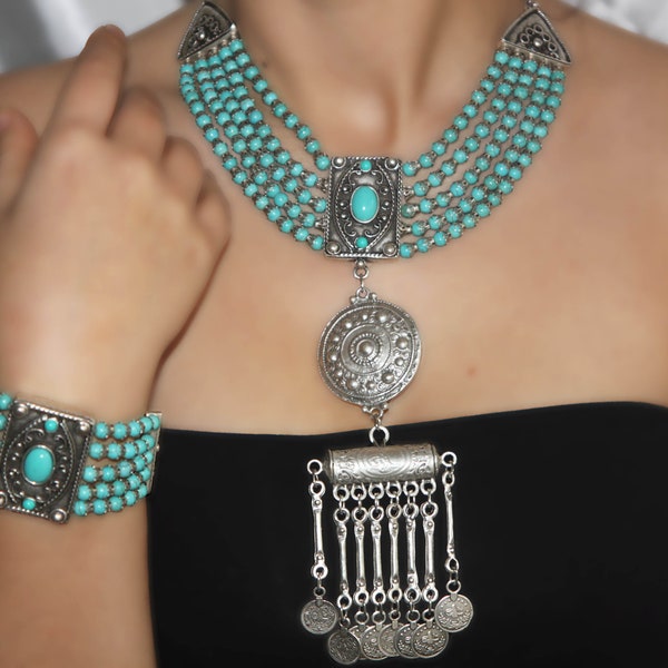Large Necklace for woman, Boho Blue Bracelet, Western Turquoise Bib Necklace,  Vintage Inspired Blue Choker, Gemstone Necklace for woman