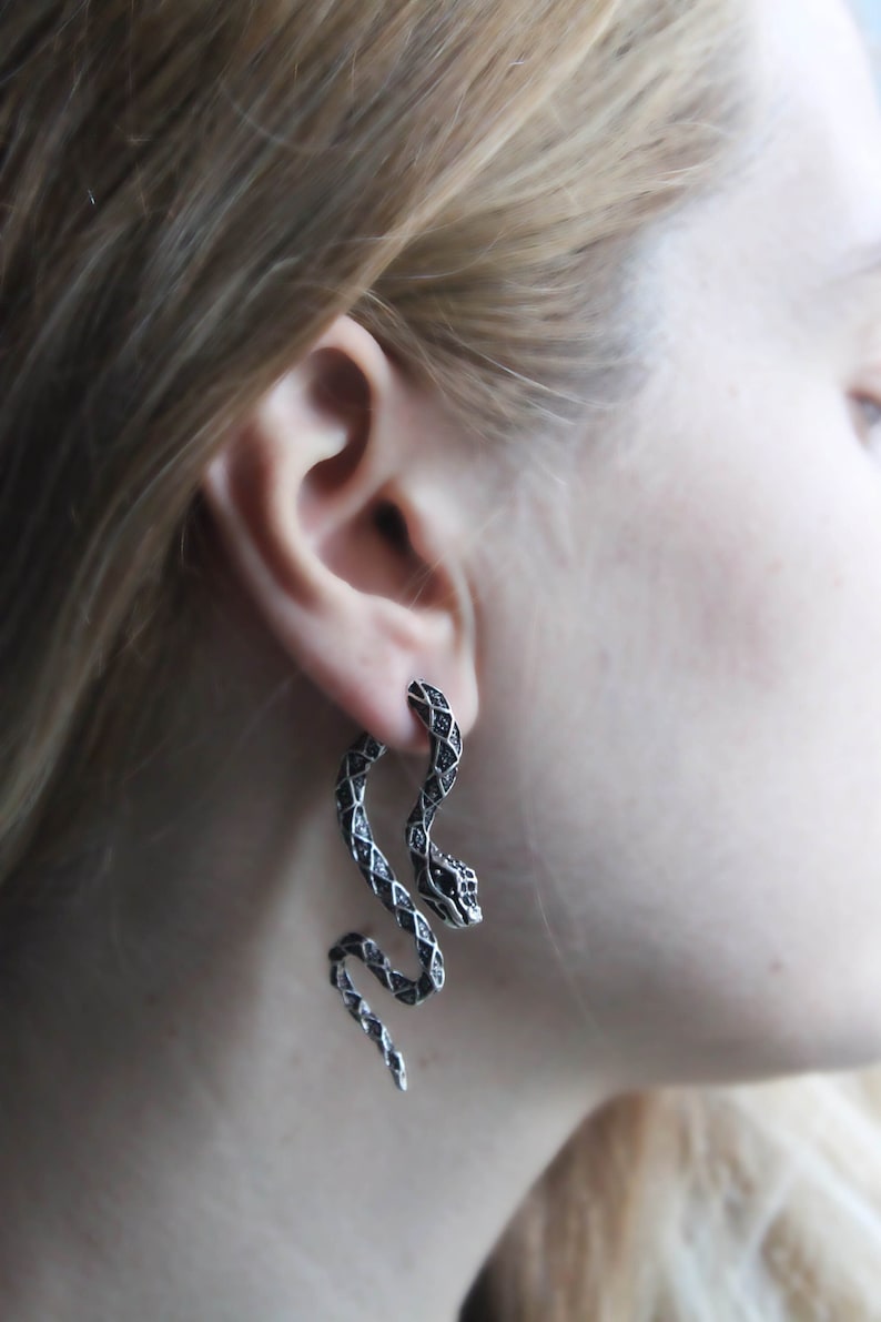 Double-sided Snake Earrings, Silver Snake two sided animal Earrings, Pair Snake Serpent Drop EarringsMother Day Gifts image 1