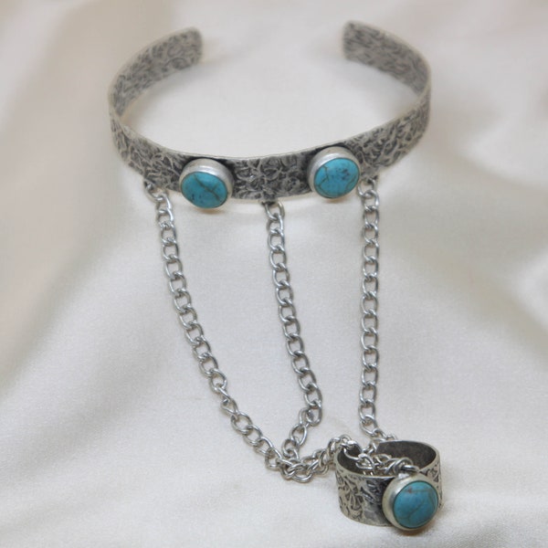 Turquoise Silver Slave Bracelet Connected Turquoise ring, Hand Chain, Ring Attached to Bracelet, Vintage Inspired, Statement Jewelry