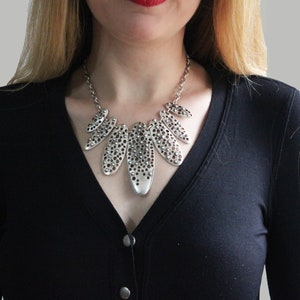 Silver Asymmetrical Fringe Charm Statement Necklace, Antique Silver Bohemian Chunky Bib necklace, Chic Bib NecklaceMother Day Gifts