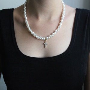 Pearl Choker Necklace: Gold Cross Pendant, Wedding Jewelry