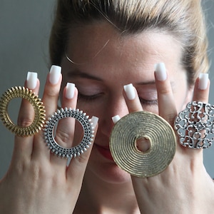 Gold Plated Brass Statement Ring: Adjustable Boho Full Finger Ring