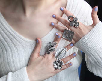 Oxidized Silver Plated Boho Statement Ring: Adjustable Ethnic Style