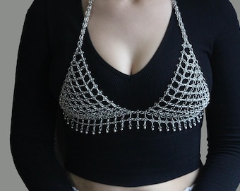 Handmade Silver Chainmail Bra Top: Festival Rave Body Chain