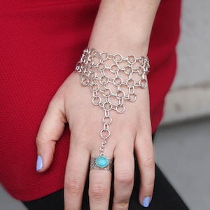 Turquoise Ring Bracelet: Silver Hand Chain, Vintage Inspired Jewelry