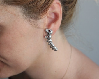 Antique Silver Skull Drop Earrings: Gothic Halloween Studs