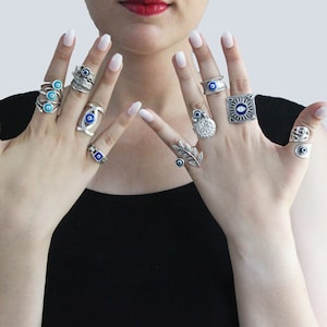 Adjustable Evil Eye Ring: Silver Plated Boho Protection Ring