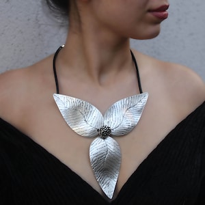 Leather Chunky Necklace, Boho Bohemian Jewelry, Silver Statement necklace, Long antique silver boho necklace, Big Silver Statement Necklace