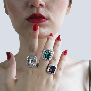 Adjustable Swarovski Crystal Statement Ring: Silver Plated Boho Jewelry