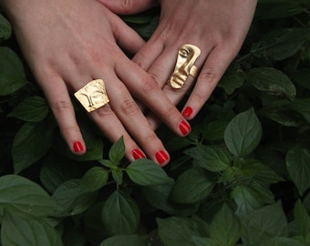 Gold Abstract Face Ring: 22k Gold Plated Brass